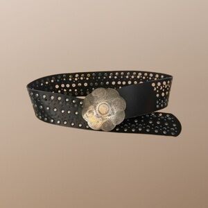 Perry Ellis Black Genuine Leather Studded Belt with Hammered Flower Belt…